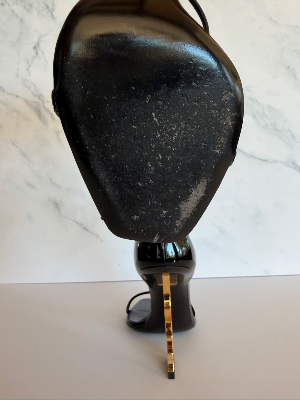 Saint Laurent YSL Opyum 110 Black Patent Gold Logo Heel Sandals Size 38 + Box - Picture 5 of 7